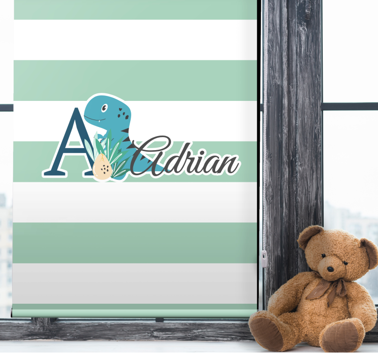 Striped dinosaur with name children room roller blind - TenStickers