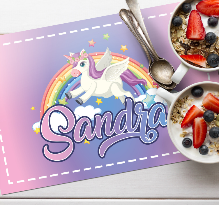 Customised name cute unicorn  and rainbow kids placemat - TenStickers
