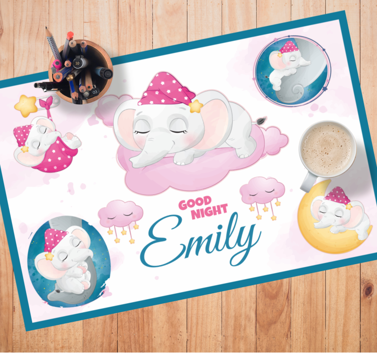 Sleepy elephant with name children placemats - TenStickers