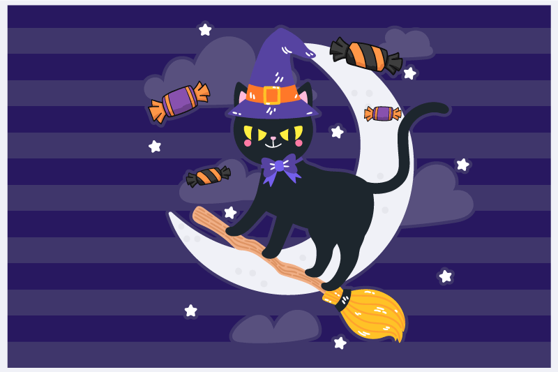 Halloween placemats witchy cat on broomstick - TenStickers