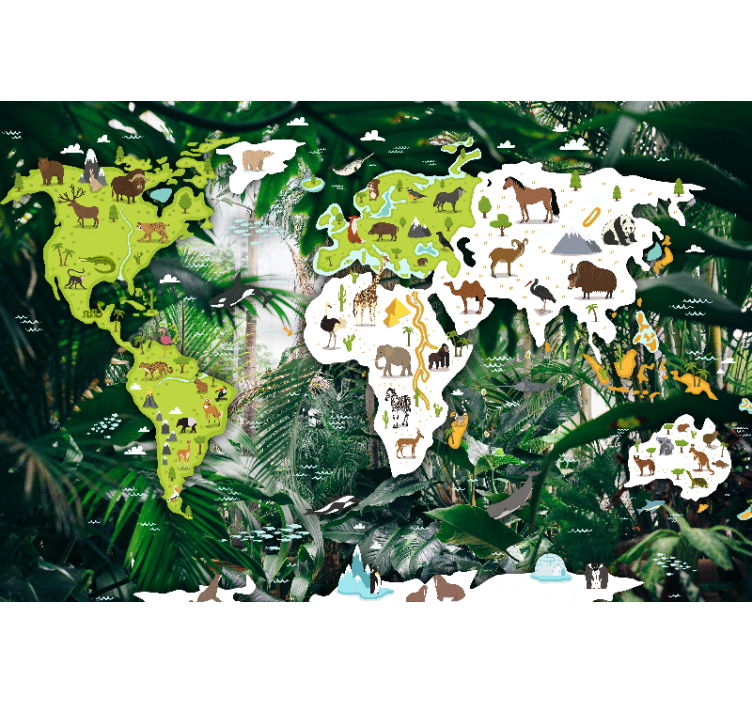World map wall mural animal kingdom design - TenStickers