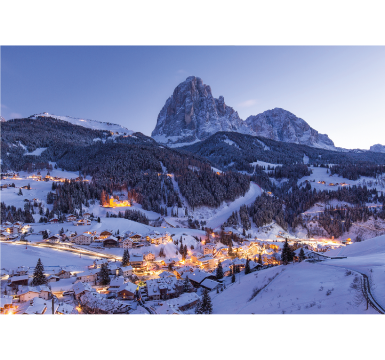 Snowy Mountain Village landscape mural wallpaper - TenStickers