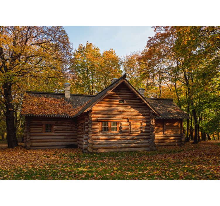 Autumn Log Cabin landscape mural wallpaper - TenStickers