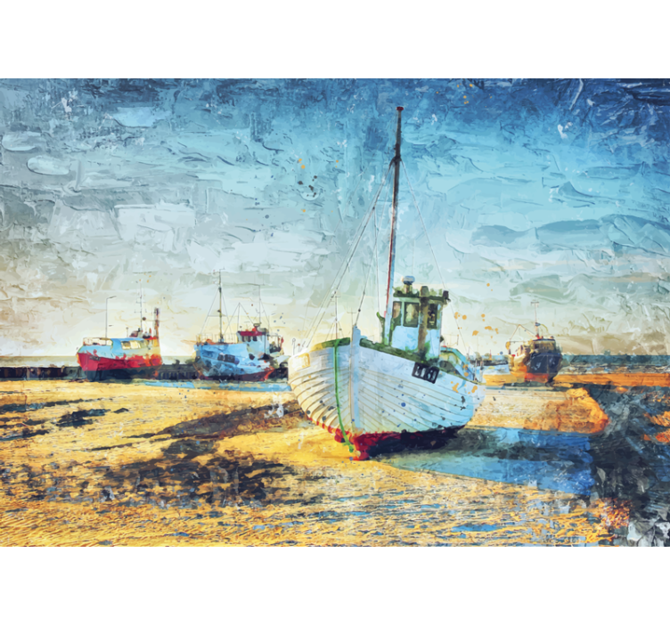 City wall mural fishing boats at the shore - TenStickers
