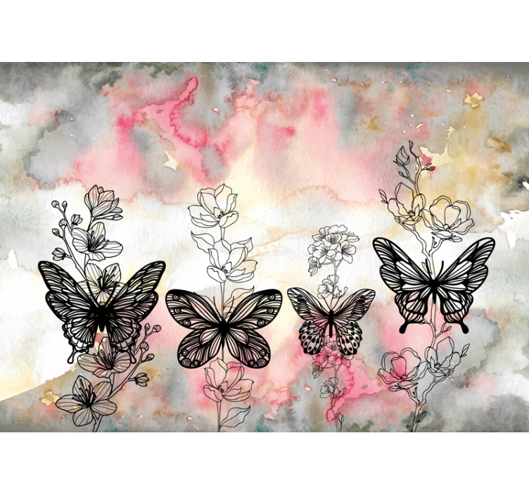 Flower mural fluttering wings and blossoms - TenStickers