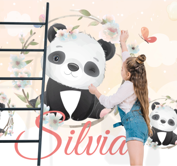 Animal wall mural panda with flowers - TenStickers
