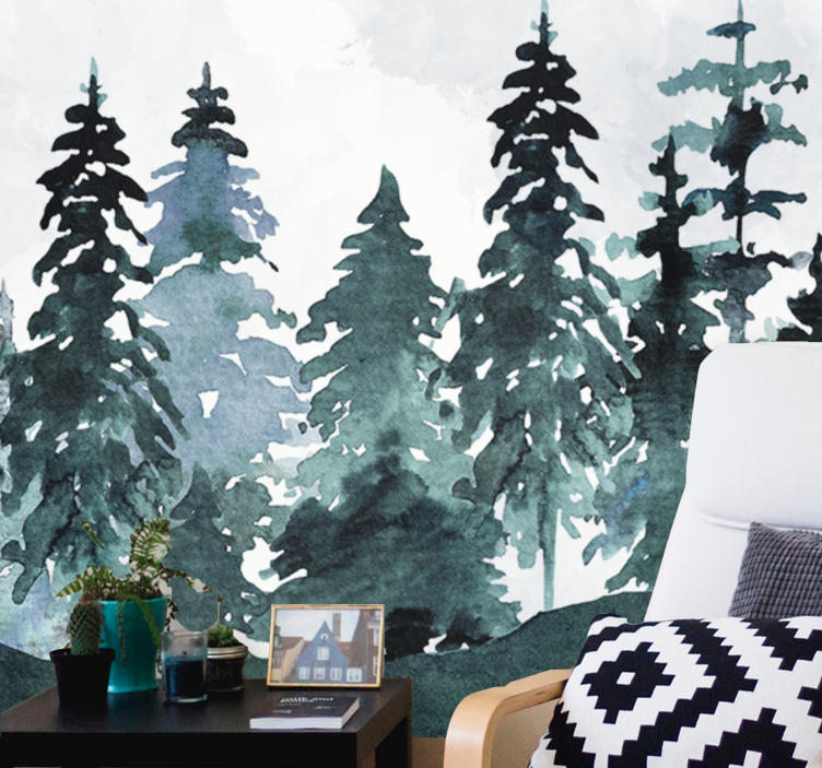 Artistic watercolor trees modern wall mural - TenStickers