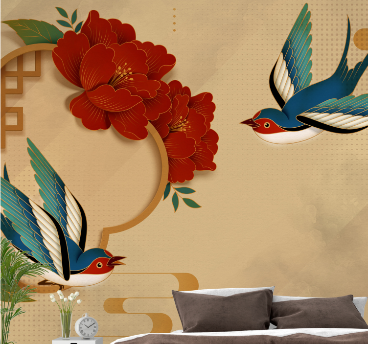 Birds and Flowers 3D wall mural - TenStickers