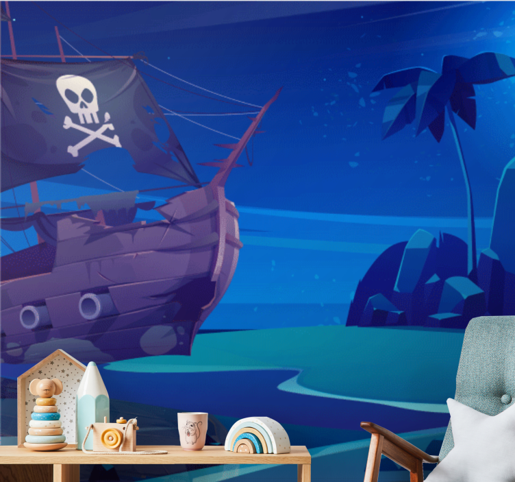 Cartoon pirate ship at night fantasy wall mural - TenStickers