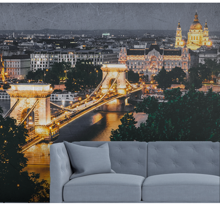 City wall mural chain bridge nightscape - TenStickers