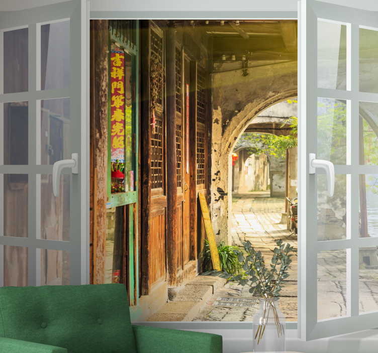 City wall mural charming alleyway scene - TenStickers