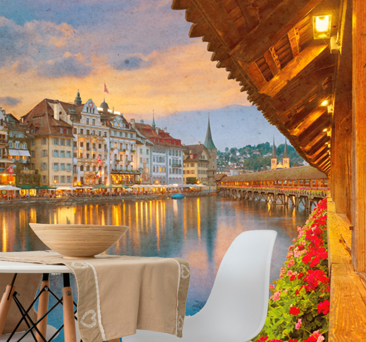 City wall mural historic lakeside architecture - TenStickers