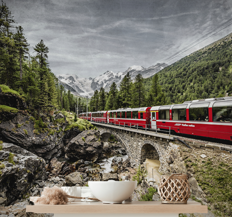 City wall mural mountainous train adventure - TenStickers