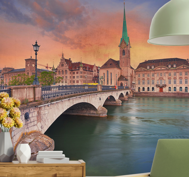 City wall mural zurich bridge sunset - TenStickers