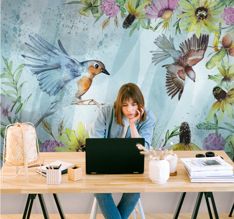 Colorful floral birds office mural - TenStickers
