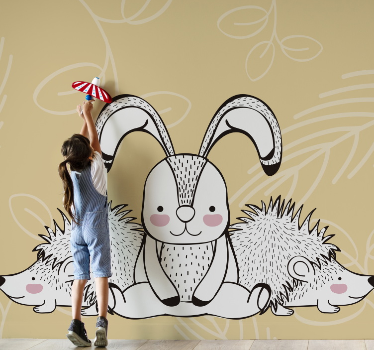 Animal wall mural cute bunny and hedgehog - TenStickers