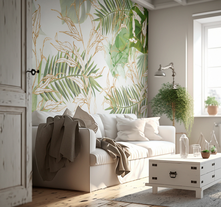 elegant palm leaves living room wall mural - TenStickers