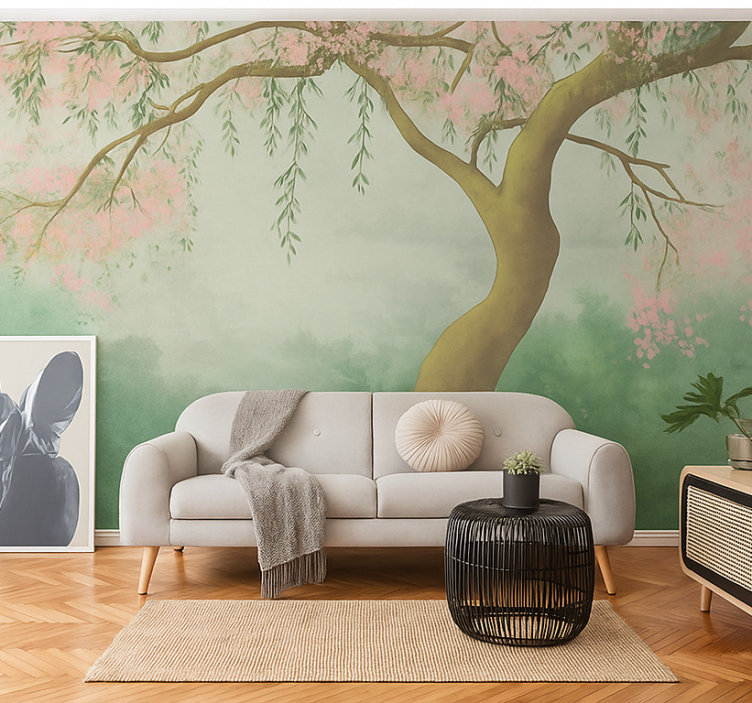 Ethereal cherry blossom mural for living room - TenStickers