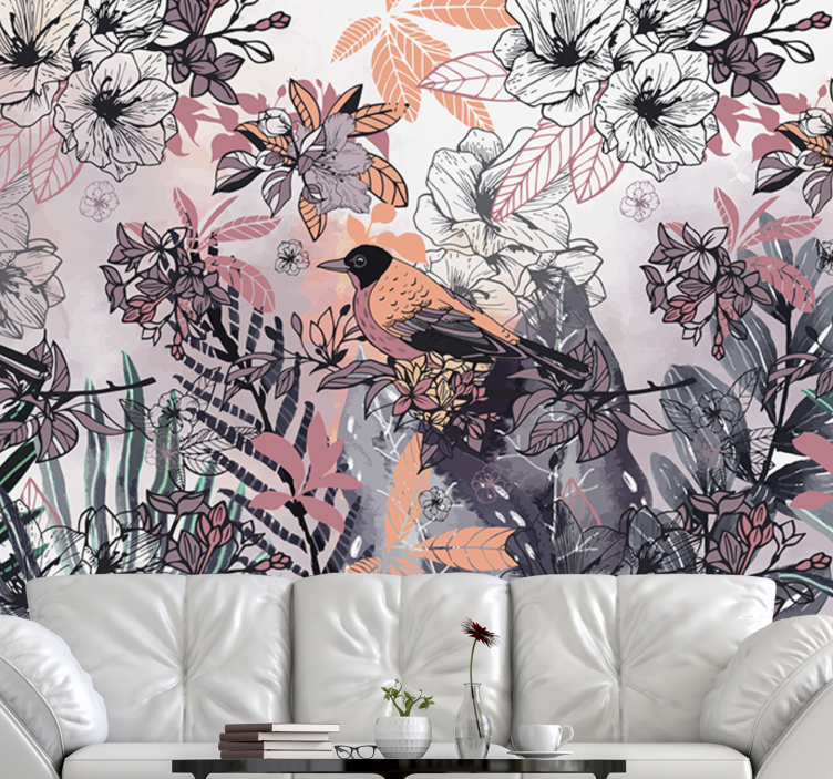 Flower mural bird among blooms - TenStickers