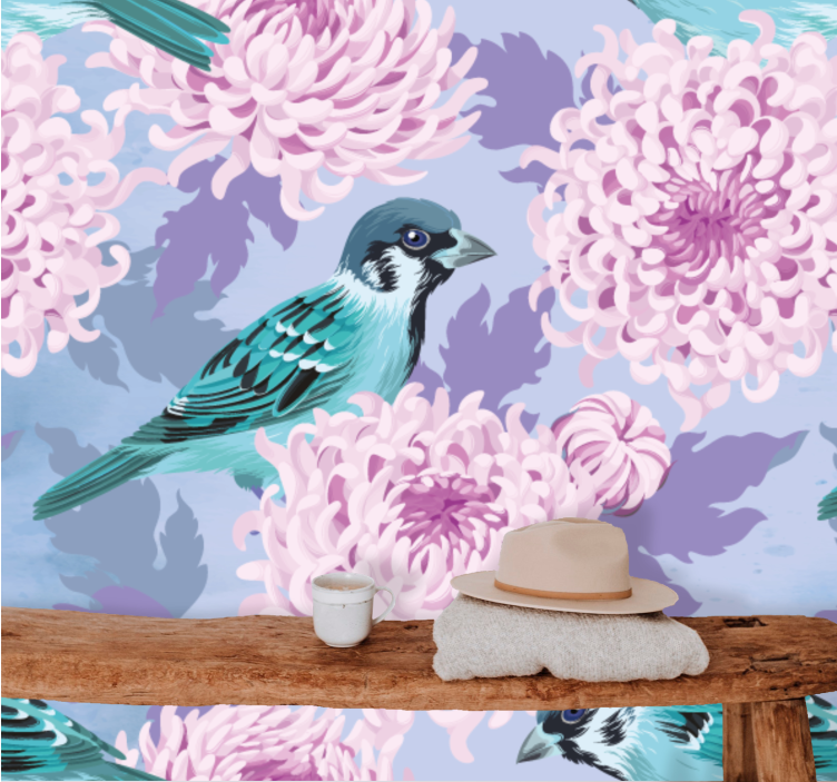 Flower mural blue bird blooms - TenStickers