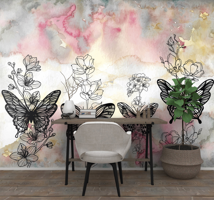 Flower mural fluttering wings and blossoms - TenStickers