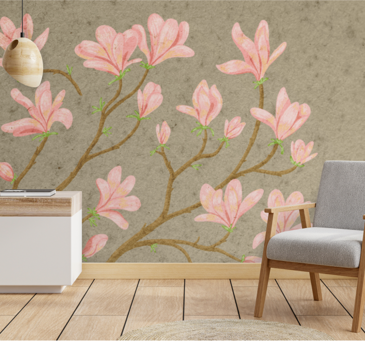 Flower mural pink magnolia blooms - TenStickers