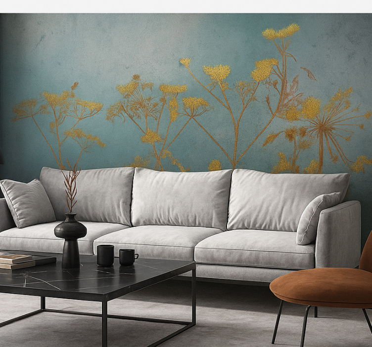 Golden flowers design mural for living room - TenStickers