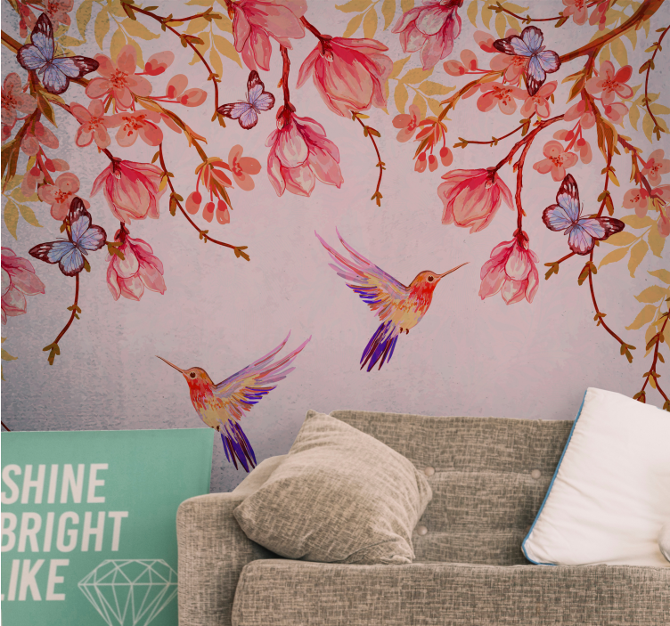 Hummingbirds and blossoms flower mural - TenStickers
