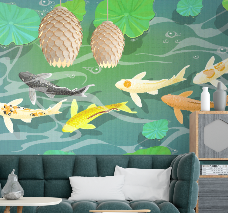 "Japandi" Koi fishes and lily pads wall mural - TenStickers