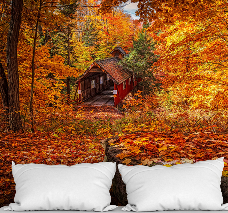 Landscape mural wallpaper autumn covered bridge - TenStickers