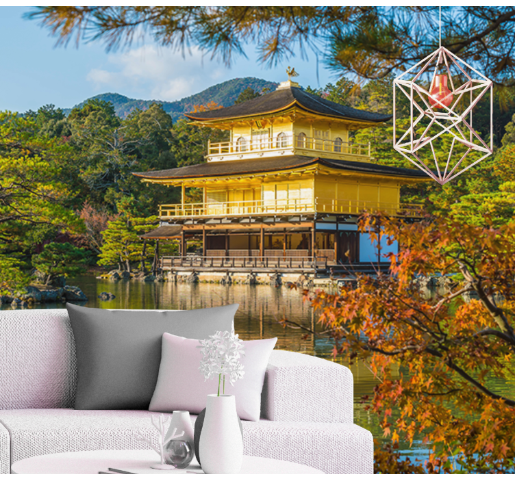 Landscape mural wallpaper golden pavilion reflection - TenStickers