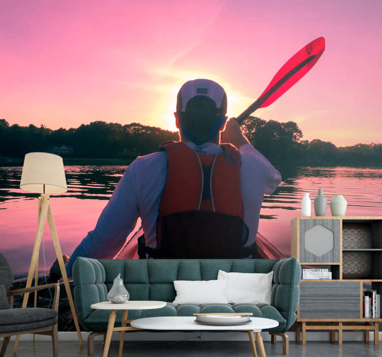 Landscape mural wallpaper kayaker sunset reflection - TenStickers