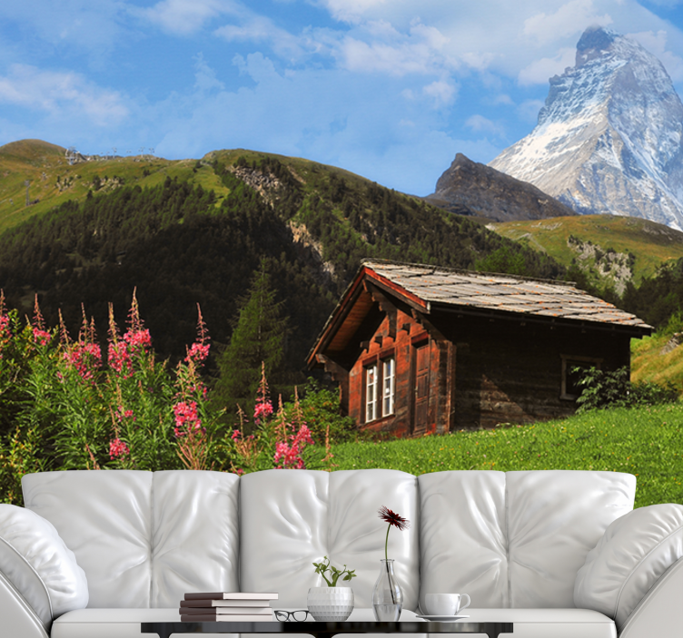 Landscape mural wallpaper mountain lodge view - TenStickers