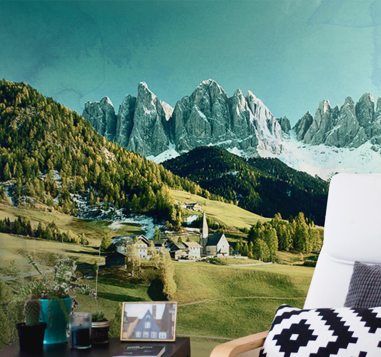 Landscape mural wallpaper mountain village scene - TenStickers