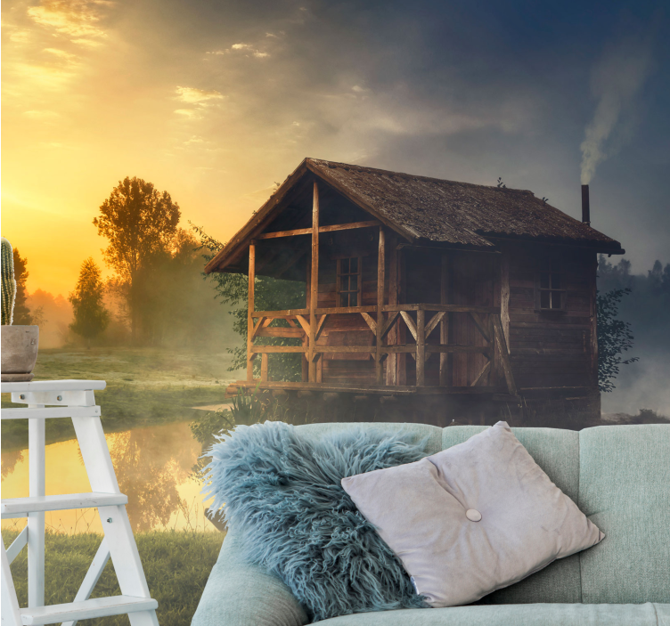 Landscape mural wallpaper serene cabin sunset - TenStickers