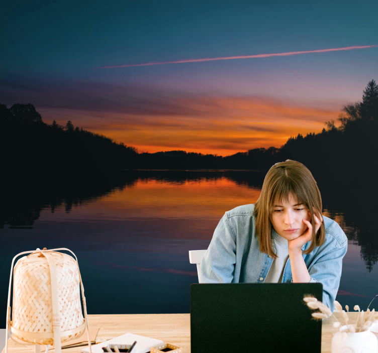 Landscape mural wallpaper serene lake sunset - TenStickers