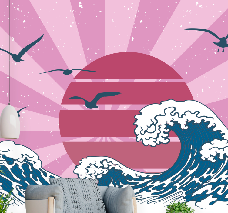 Landscape mural wallpaper waves and sunset - TenStickers