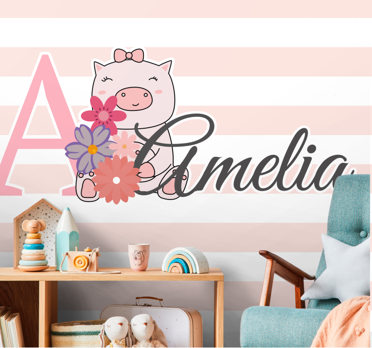 Love wall mural cute piglet blossoms - TenStickers