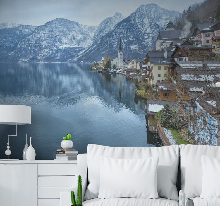 Mountain Village Reflections landscape mural wallpaper - TenStickers