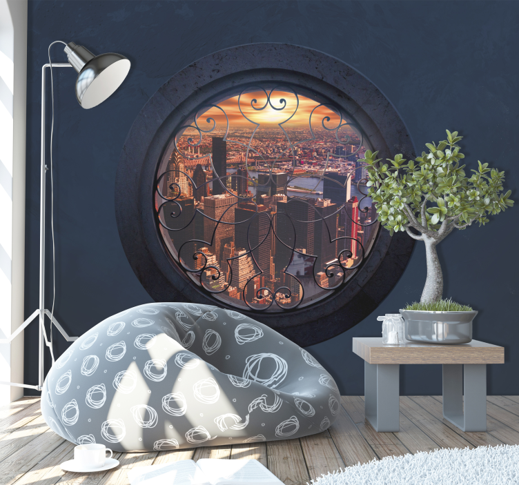 Round window with new york skyscraper view 3d wallpaper - TenStickers