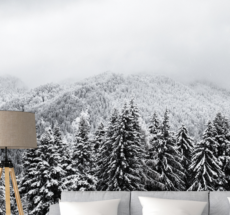 Snowy forest with pine tree Mountain wall mural - TenStickers