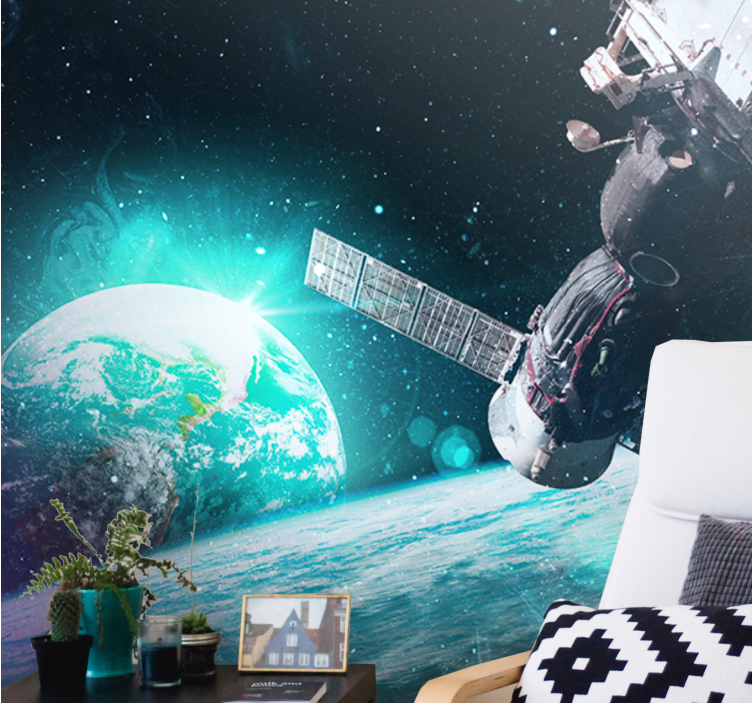 Space mural of a spacecraft orbiting earth - TenStickers