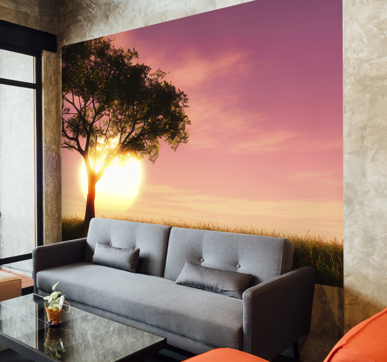 Sunset over a field tree wall mural - TenStickers