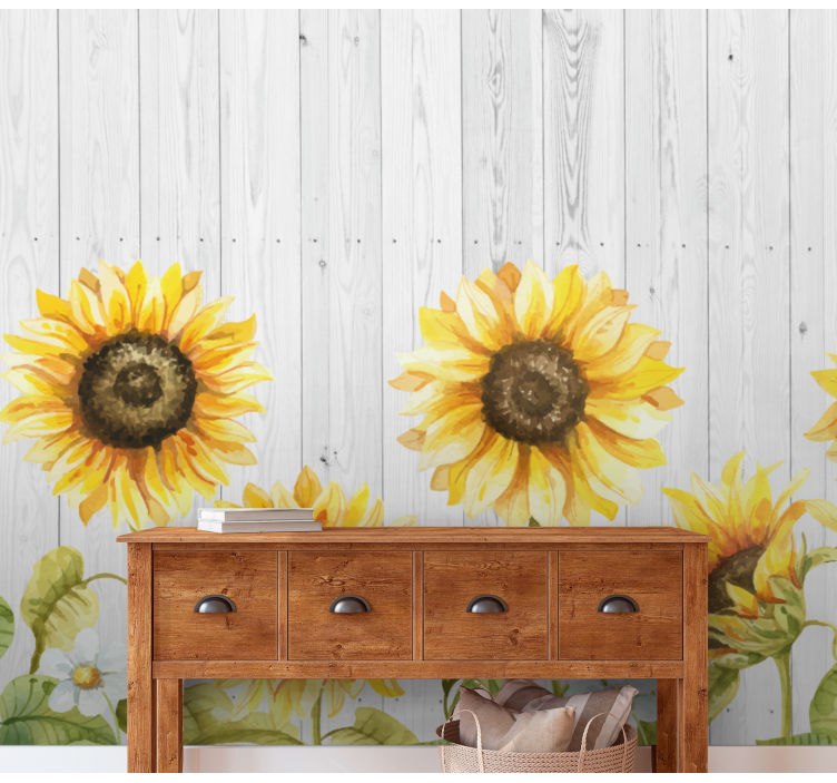 Sunflowers over wooden texture flower mural - TenStickers