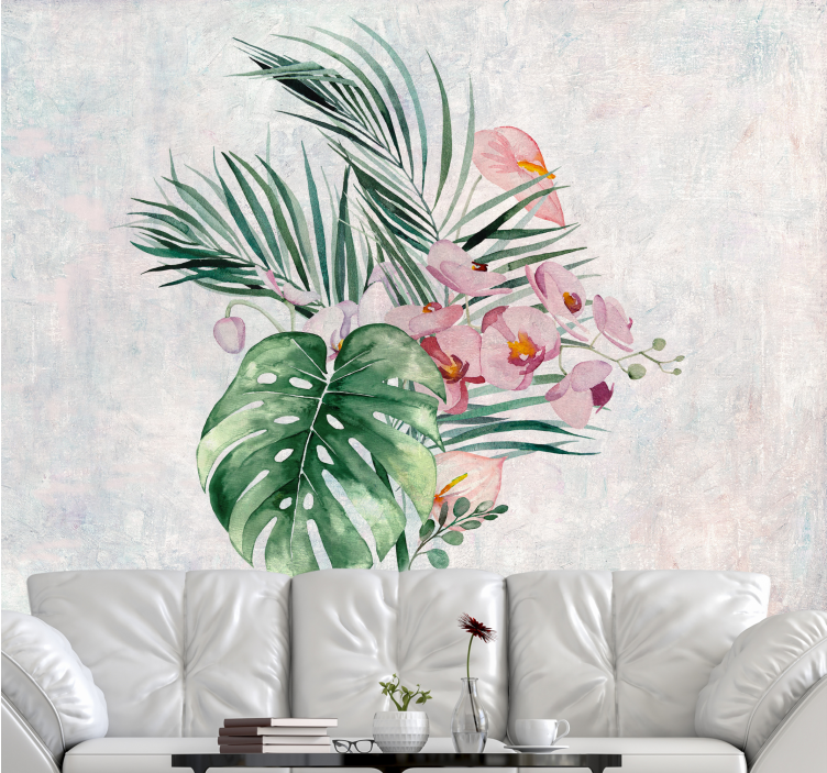 Watercolor monstera leaves pattern wall mural - TenStickers