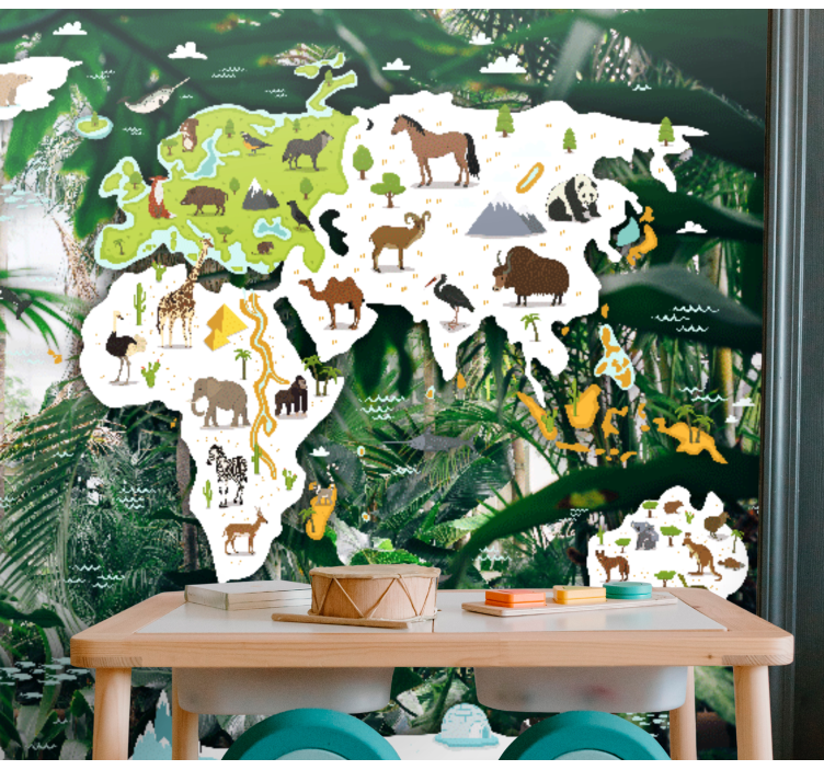 World map wall mural animal kingdom design - TenStickers