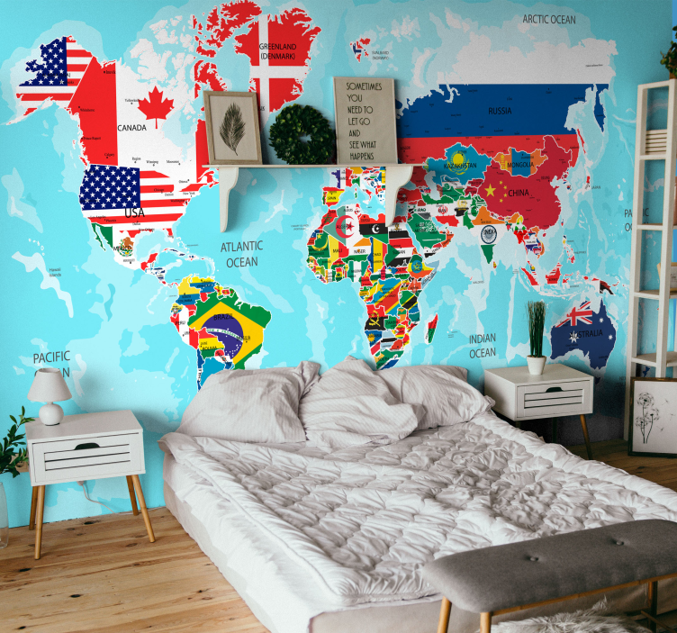 world map with flags world map mural - TenStickers