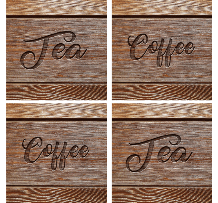 Text coasters with wooden texture beverage labels - TenStickers