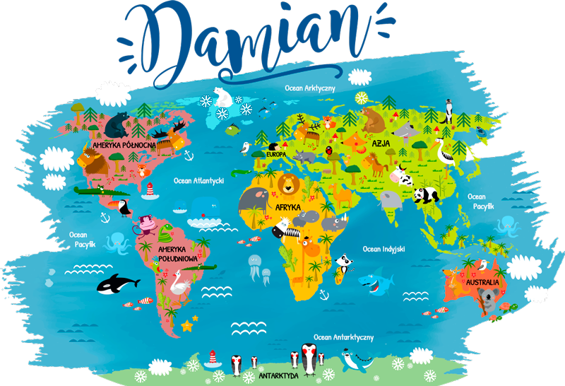 Map poster world map with animal names in polish - TenStickers