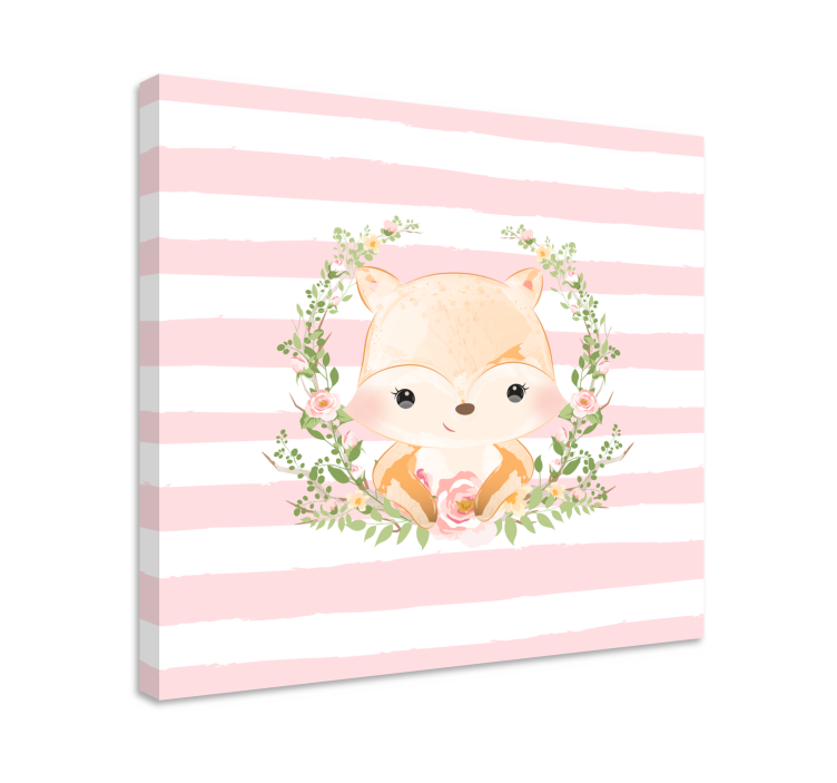 Cute fox cartoon with pink rose nursery canvas - TenStickers